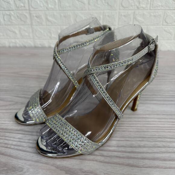 Thalia Sodi Stiletto Heel Darria Rhinestone Sandals WMNS 6M Silver Ankle Straps - Picture 6 of 13
